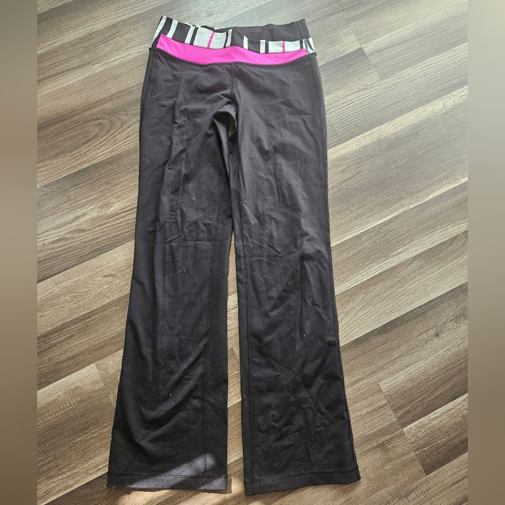 lululemon athletica Black Leggings with Pink and Black-White Stripe Waistband